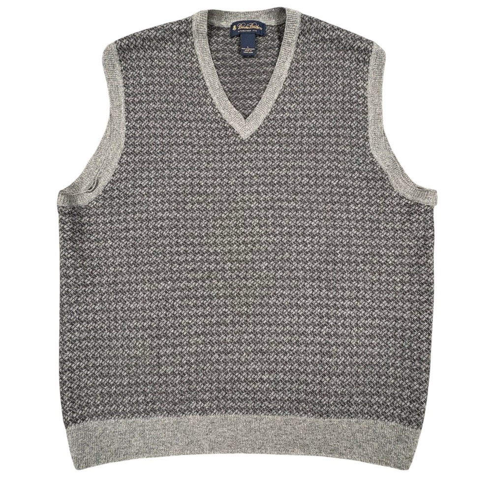 Brooks Brothers Lambswool Sweater Vest Mens L Gray Birds Eye V-Neck Knit